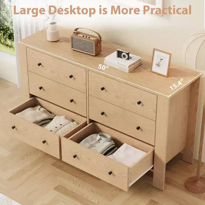 Commode de chambre à 6 tiroirs de 50 po – Commode moderne en bois avec grand espace de rangement, poignées noires