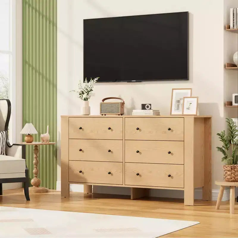 Commode de chambre à 6 tiroirs de 50 po – Commode moderne en bois avec grand espace de rangement, poignées noires