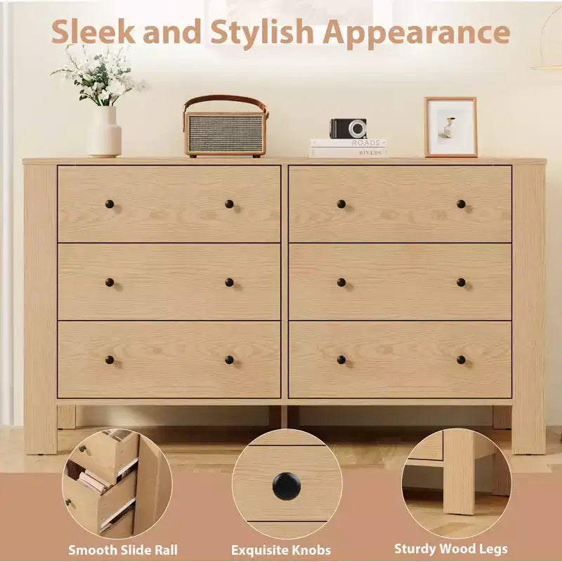 Commode de chambre à 6 tiroirs de 50 po – Commode moderne en bois avec grand espace de rangement, poignées noires
