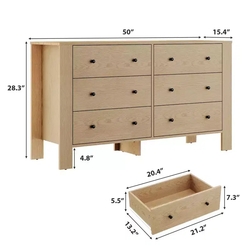 Commode de chambre à 6 tiroirs de 50 po – Commode moderne en bois avec grand espace de rangement, poignées noires