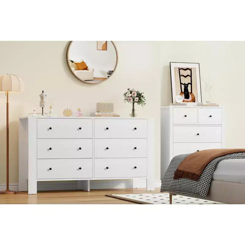 Commode de chambre à 6 tiroirs de 50 po – Commode moderne en bois avec grand espace de rangement, poignées noires