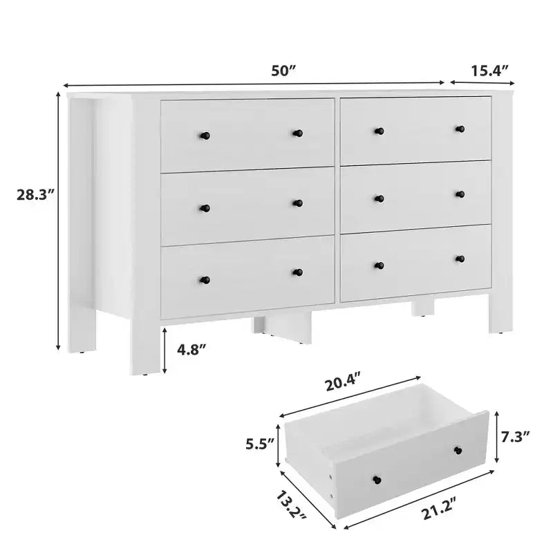 Commode de chambre à 6 tiroirs de 50 po – Commode moderne en bois avec grand espace de rangement, poignées noires