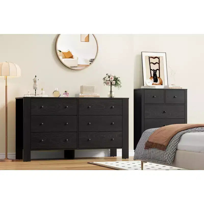 Commode de chambre à 6 tiroirs de 50 po – Commode moderne en bois avec grand espace de rangement, poignées noires