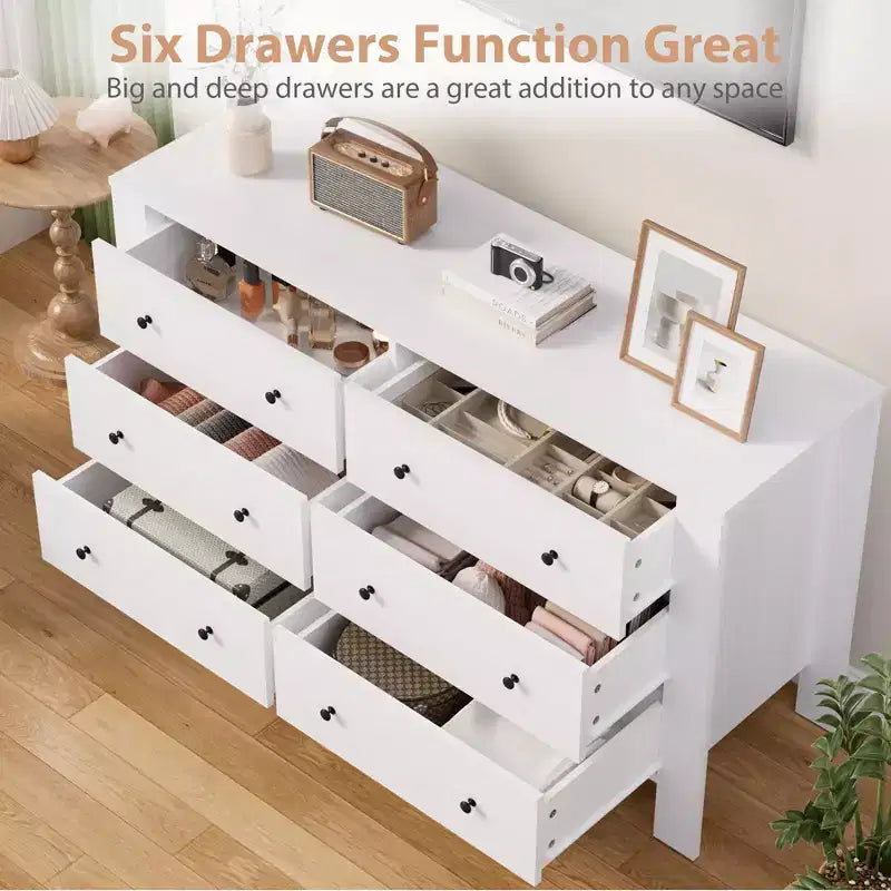 Commode de chambre à 6 tiroirs de 50 po – Commode moderne en bois avec grand espace de rangement, poignées noires