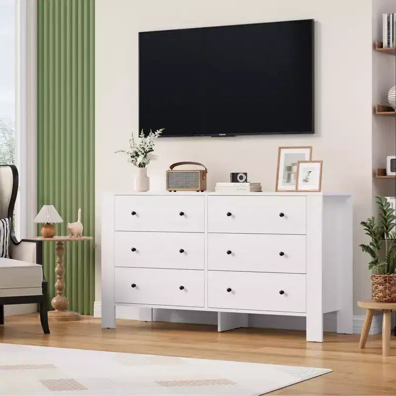 Commode de chambre à 6 tiroirs de 50 po – Commode moderne en bois avec grand espace de rangement, poignées noires