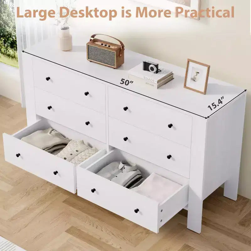 Commode de chambre à 6 tiroirs de 50 po – Commode moderne en bois avec grand espace de rangement, poignées noires
