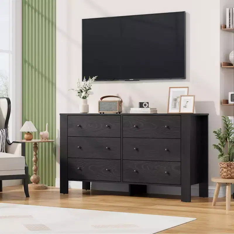 Commode de chambre à 6 tiroirs de 50 po – Commode moderne en bois avec grand espace de rangement, poignées noires