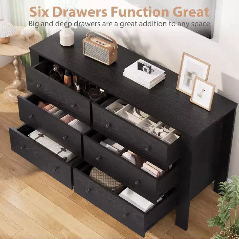 Commode de chambre à 6 tiroirs de 50 po – Commode moderne en bois avec grand espace de rangement, poignées noires