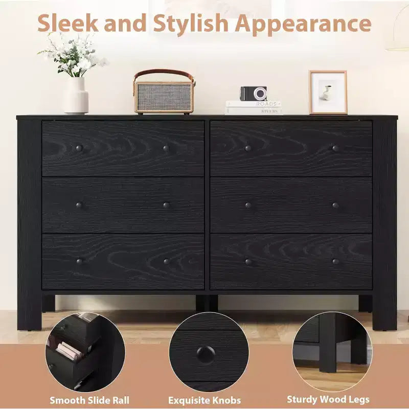 Commode de chambre à 6 tiroirs de 50 po – Commode moderne en bois avec grand espace de rangement, poignées noires
