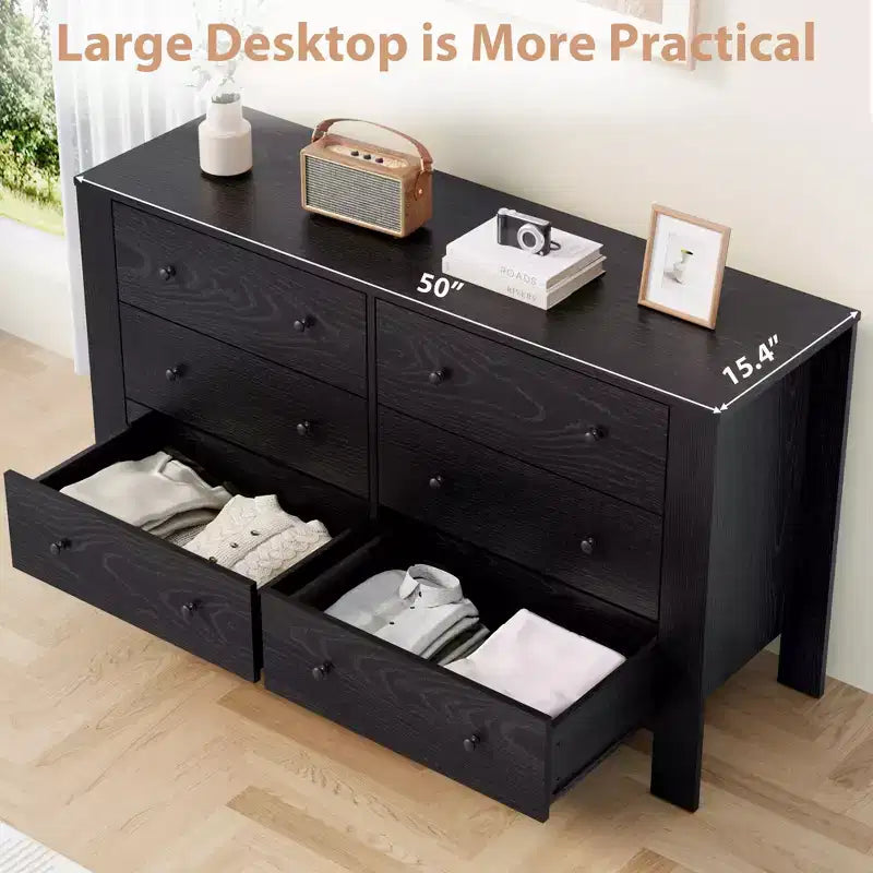 Commode de chambre à 6 tiroirs de 50 po – Commode moderne en bois avec grand espace de rangement, poignées noires