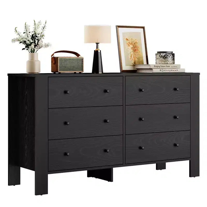 Commode de chambre à 6 tiroirs de 50 po – Commode moderne en bois avec grand espace de rangement, poignées noires