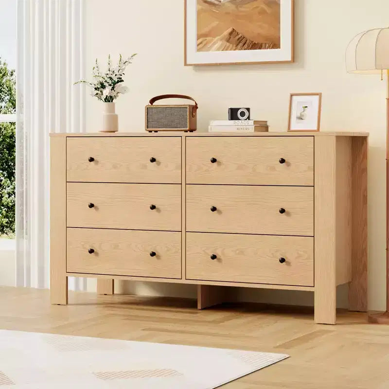 Commode de chambre à 6 tiroirs de 50 po – Commode moderne en bois avec grand espace de rangement, poignées noires