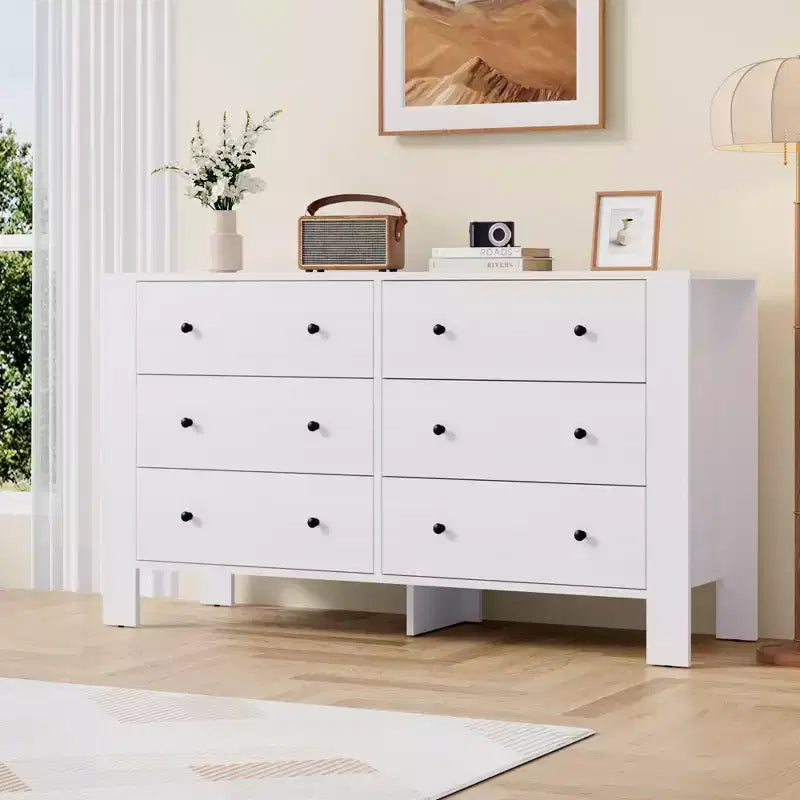 Commode de chambre à 6 tiroirs de 50 po – Commode moderne en bois avec grand espace de rangement, poignées noires
