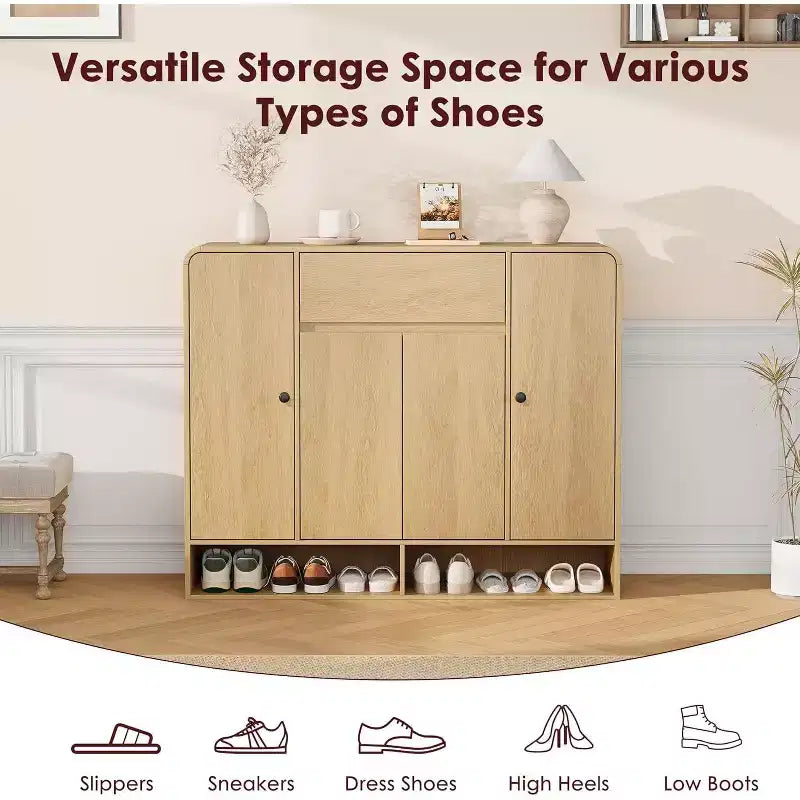 Meuble à chaussures de 120 cm avec 4 portes et 1 tiroir, organiseur à coins arrondis, armoire étroite de grande capacité pour couloir, salon