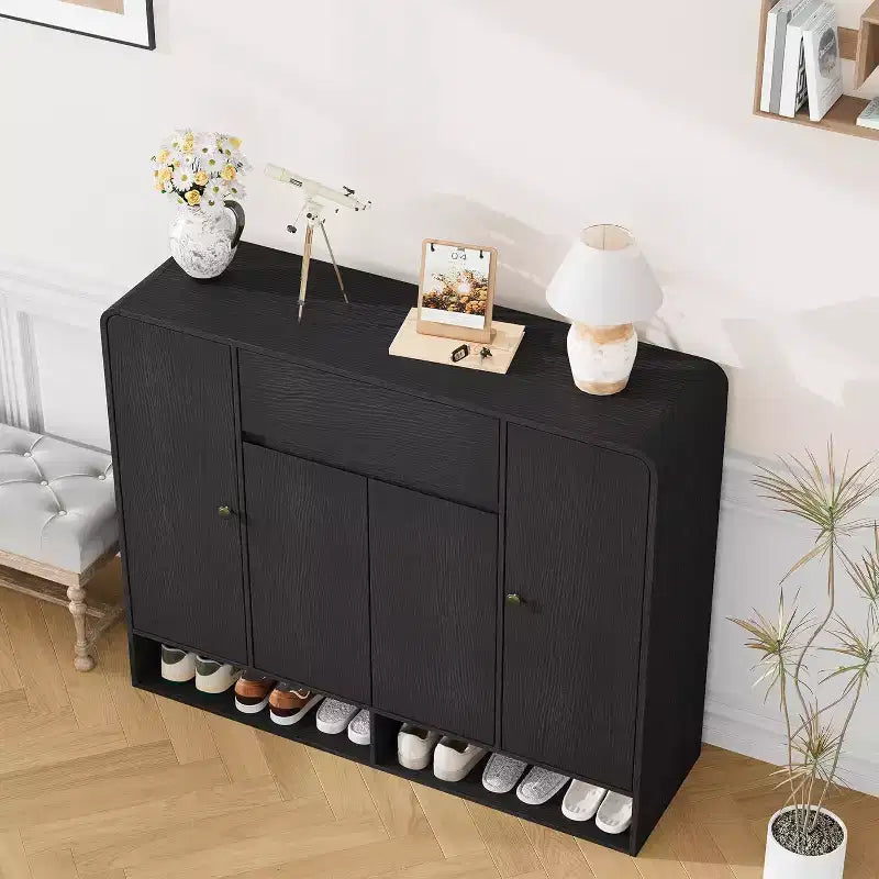 Meuble à chaussures de 120 cm avec 4 portes et 1 tiroir, organiseur à coins arrondis, armoire étroite de grande capacité pour couloir, salon