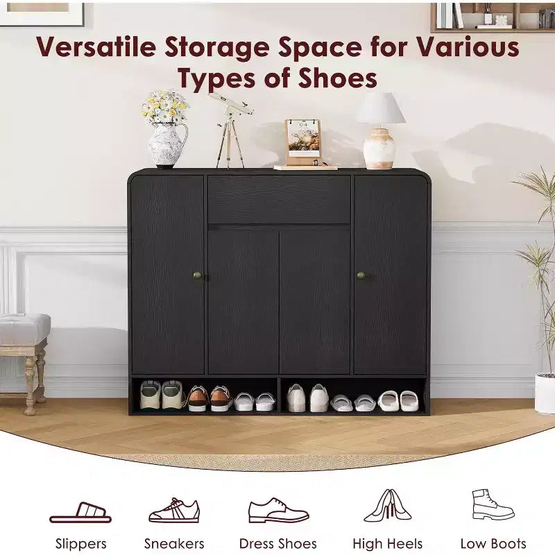 Meuble à chaussures de 120 cm avec 4 portes et 1 tiroir, organiseur à coins arrondis, armoire étroite de grande capacité pour couloir, salon