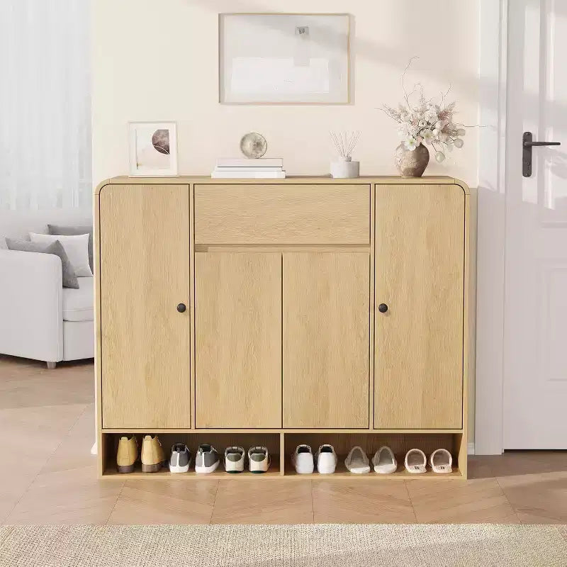 Meuble à chaussures de 120 cm avec 4 portes et 1 tiroir, organiseur à coins arrondis, armoire étroite de grande capacité pour couloir, salon