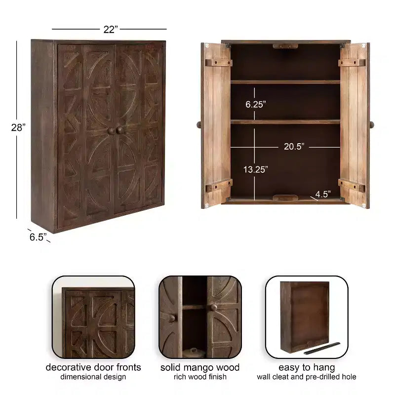 Armoire murale Galliene en bois de manguier sculpté à la main — 56 cm (L) x 71 cm (H), 3 étagères, naturel