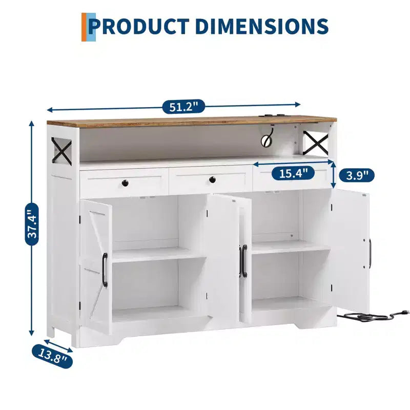 Buffet vaisselier de ferme 51 pouces, placard de cuisine, meuble de rangement pour bar à café avec étagère ouverte, station de charge, 4 portes coulissantes et 3 tiroirs