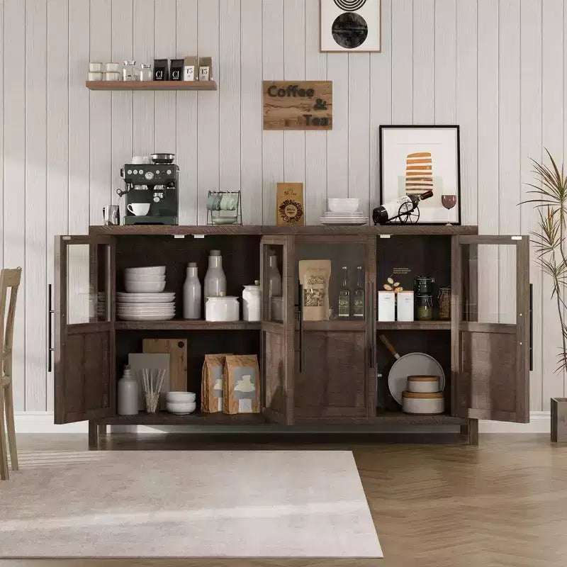 Buffet de ferme 55" de grande taille, meuble de rangement de cuisine en bois avec portes vitrées, buffet-bar à café pour salle à manger et salon