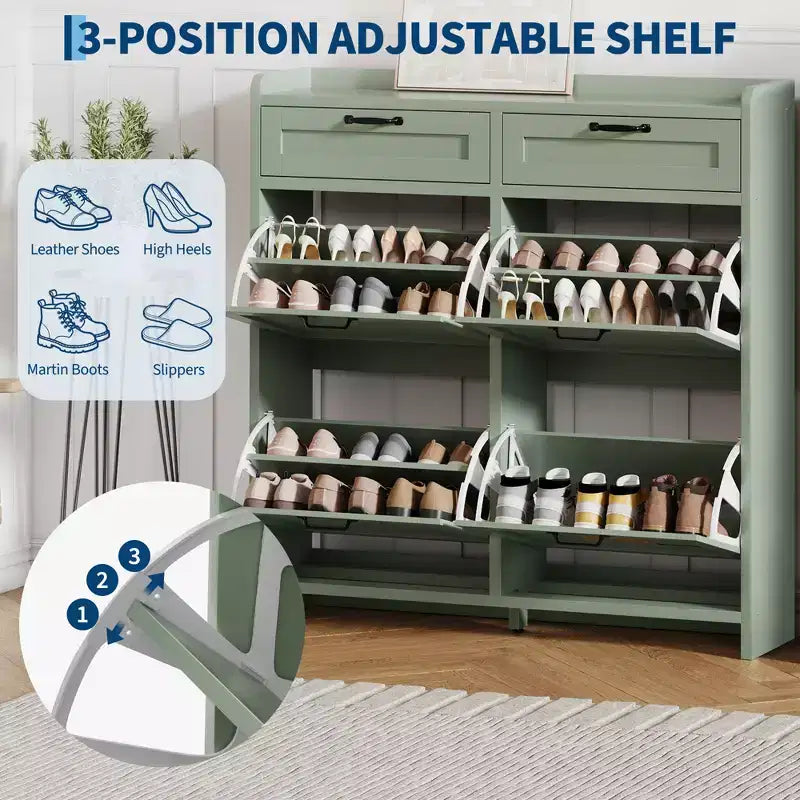 Meuble de Rangement pour Chaussures avec 4 Tiroirs Rabattables, Organisateur de Chaussures Caché Autonome avec Étagères Réglables, Meuble à Chaussures en Bois pour Salon, Blanc