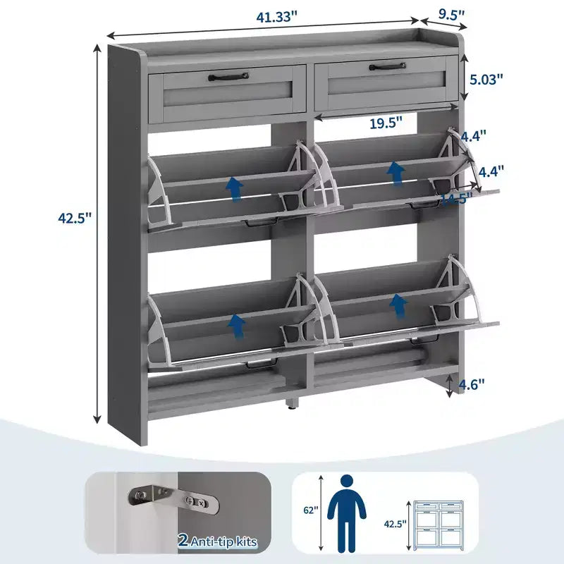 Meuble de Rangement pour Chaussures avec 4 Tiroirs Rabattables, Organisateur de Chaussures Caché Autonome avec Étagères Réglables, Meuble à Chaussures en Bois pour Salon, Blanc
