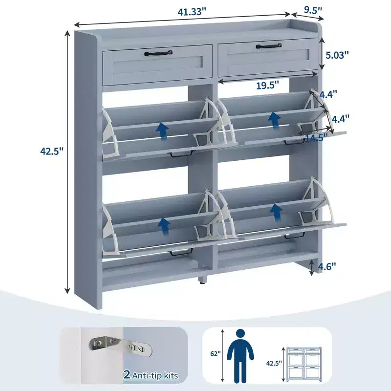 Meuble de Rangement pour Chaussures avec 4 Tiroirs Rabattables, Organisateur de Chaussures Caché Autonome avec Étagères Réglables, Meuble à Chaussures en Bois pour Salon, Blanc