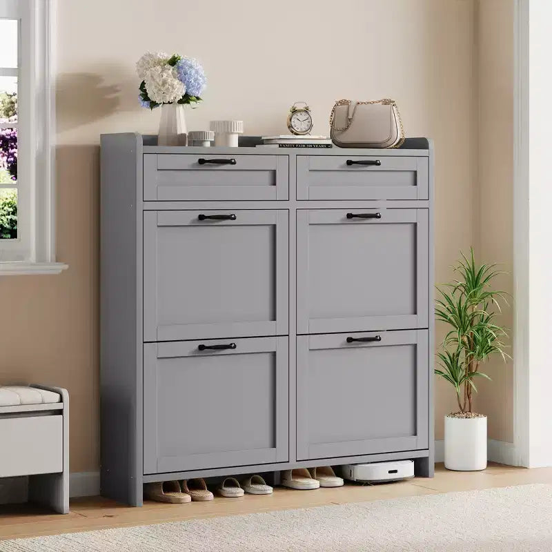 Meuble de Rangement pour Chaussures avec 4 Tiroirs Rabattables, Organisateur de Chaussures Caché Autonome avec Étagères Réglables, Meuble à Chaussures en Bois pour Salon, Blanc