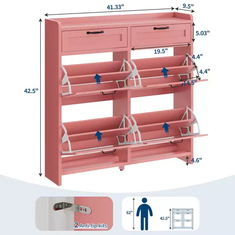 Meuble de Rangement pour Chaussures avec 4 Tiroirs Rabattables, Organisateur de Chaussures Caché Autonome avec Étagères Réglables, Meuble à Chaussures en Bois pour Salon, Blanc