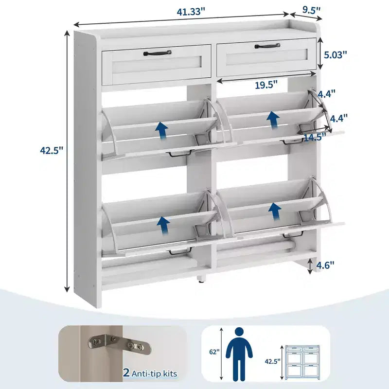 Meuble de Rangement pour Chaussures avec 4 Tiroirs Rabattables, Organisateur de Chaussures Caché Autonome avec Étagères Réglables, Meuble à Chaussures en Bois pour Salon, Blanc