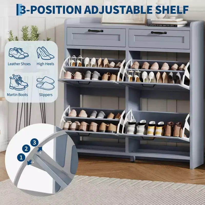 Meuble de Rangement pour Chaussures avec 4 Tiroirs Rabattables, Organisateur de Chaussures Caché Autonome avec Étagères Réglables, Meuble à Chaussures en Bois pour Salon, Blanc