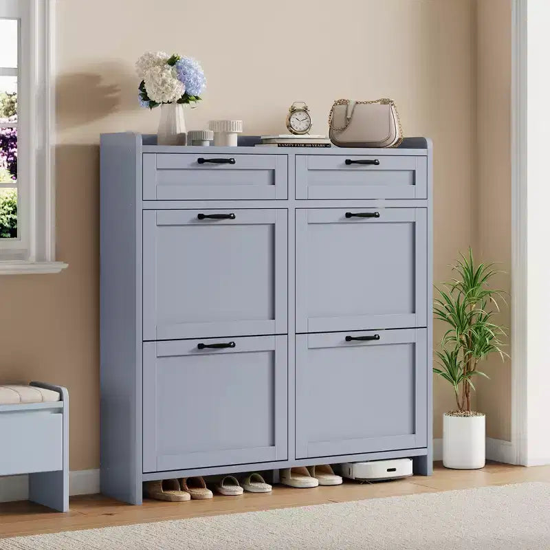 Meuble de Rangement pour Chaussures avec 4 Tiroirs Rabattables, Organisateur de Chaussures Caché Autonome avec Étagères Réglables, Meuble à Chaussures en Bois pour Salon, Blanc