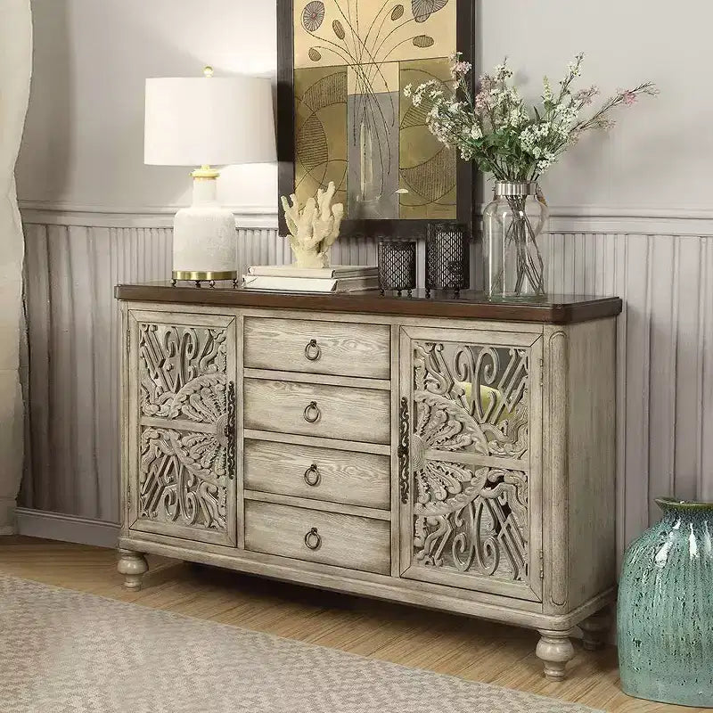 Console 60 po Vermont – Blanc antique, 4 tiroirs, 4 tablettes, cadre en bois