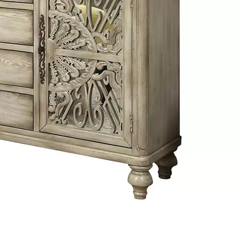 Console 60 po Vermont – Blanc antique, 4 tiroirs, 4 tablettes, cadre en bois
