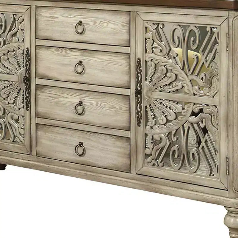 Console 60 po Vermont – Blanc antique, 4 tiroirs, 4 tablettes, cadre en bois