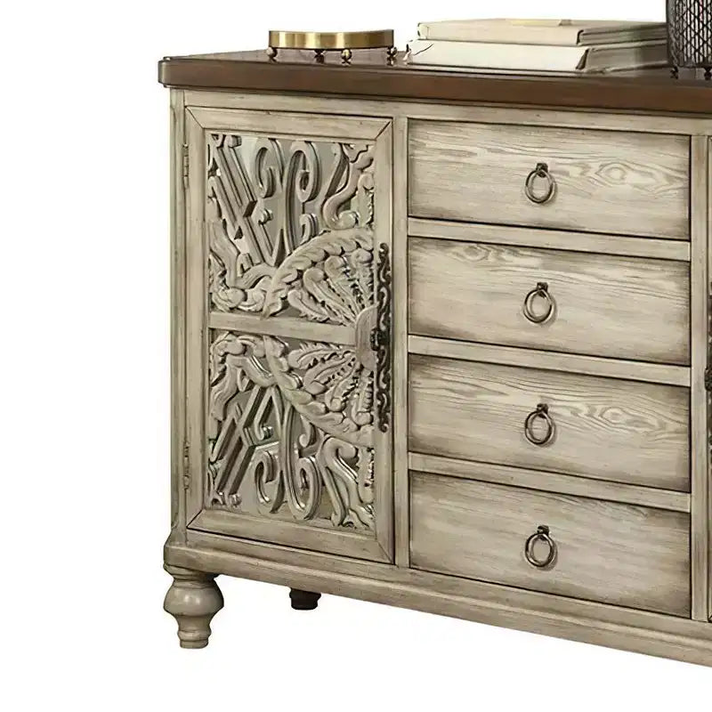 Console 60 po Vermont – Blanc antique, 4 tiroirs, 4 tablettes, cadre en bois