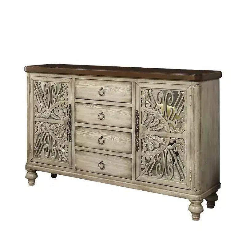Console 60 po Vermont – Blanc antique, 4 tiroirs, 4 tablettes, cadre en bois
