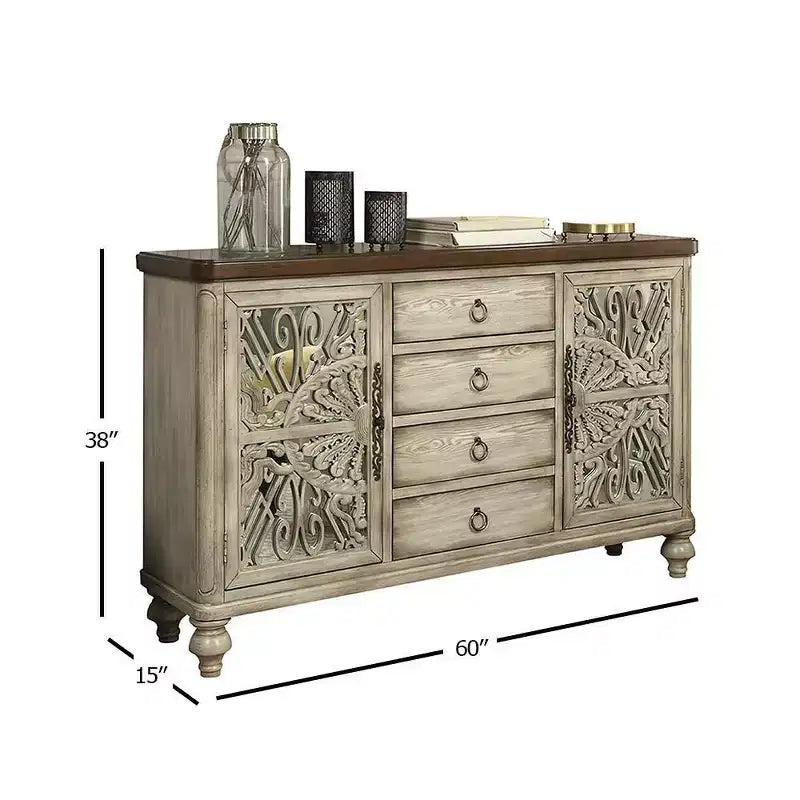 Console 60 po Vermont – Blanc antique, 4 tiroirs, 4 tablettes, cadre en bois