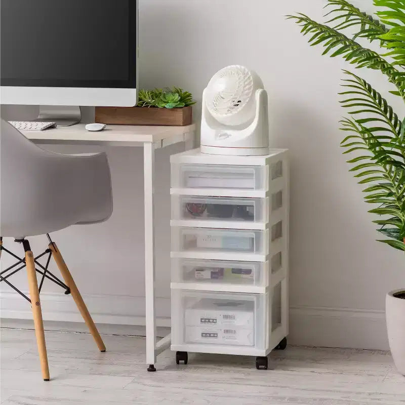 Chariot de rangement roulant à 5 tiroirs avec plateau organisateur — Blanc, plastique, fabriqué aux États-Unis