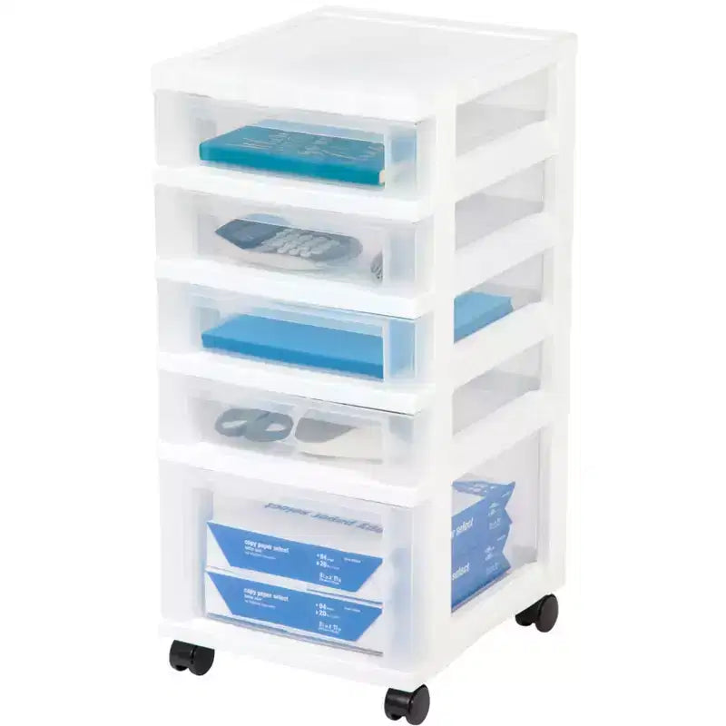 Chariot de rangement roulant à 5 tiroirs avec plateau organisateur — Blanc, plastique, fabriqué aux États-Unis