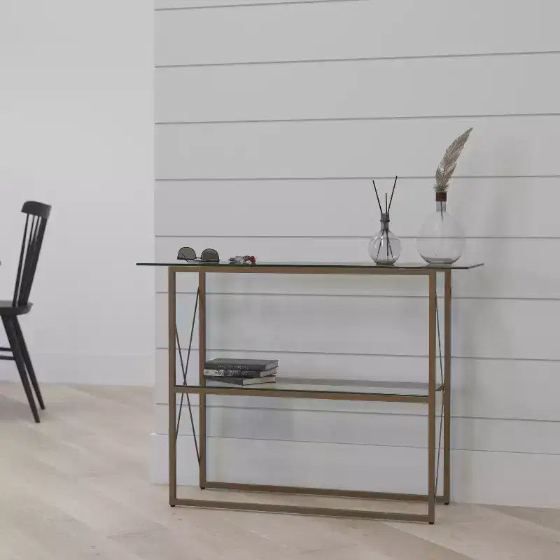 Console moderne en verre clair – Cadre doré entrecroisé, 2 étagères en verre trempé