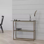 Console moderne en verre clair – Cadre doré entrecroisé, 2 étagères en verre trempé