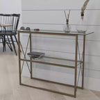 Console moderne en verre clair – Cadre doré entrecroisé, 2 étagères en verre trempé