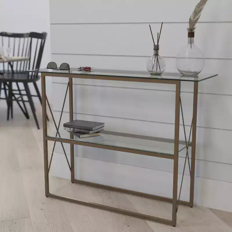 Console moderne en verre clair – Cadre doré entrecroisé, 2 étagères en verre trempé