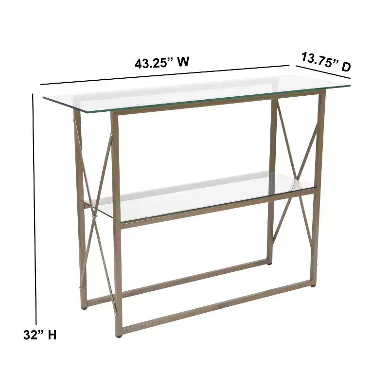 Console moderne en verre clair – Cadre doré entrecroisé, 2 étagères en verre trempé