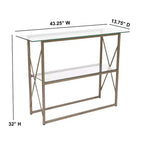 Console moderne en verre clair – Cadre doré entrecroisé, 2 étagères en verre trempé