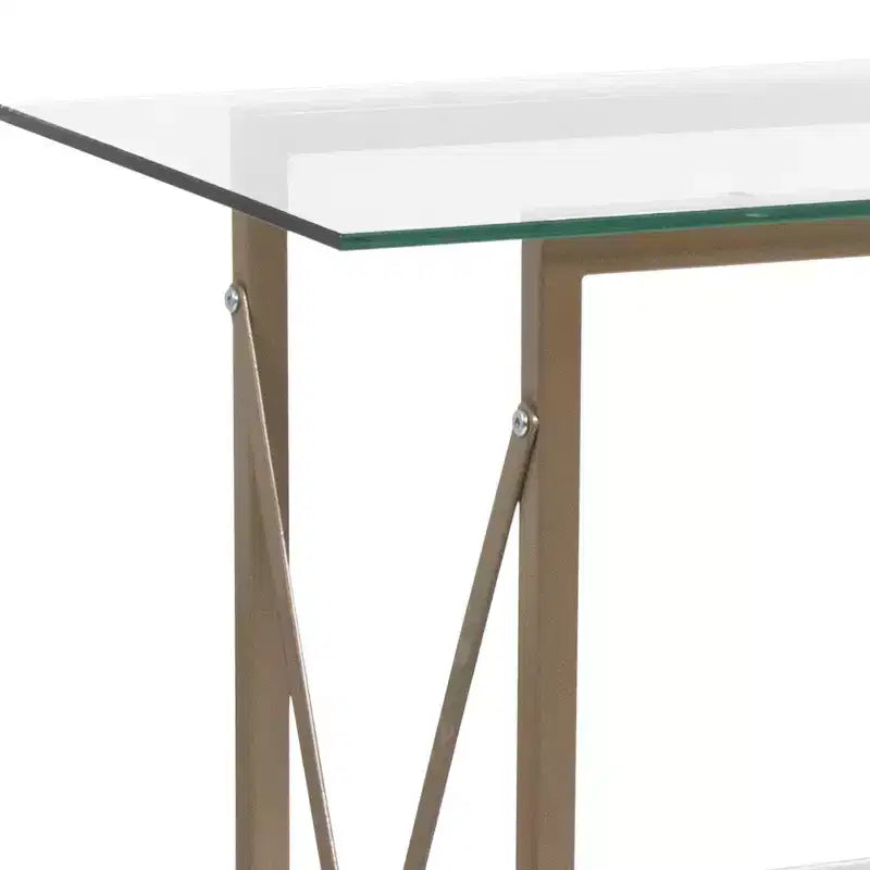 Console moderne en verre clair – Cadre doré entrecroisé, 2 étagères en verre trempé