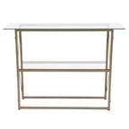 Console moderne en verre clair – Cadre doré entrecroisé, 2 étagères en verre trempé