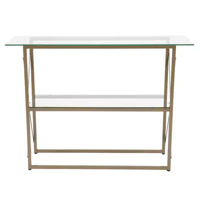 Console moderne en verre clair – Cadre doré entrecroisé, 2 étagères en verre trempé