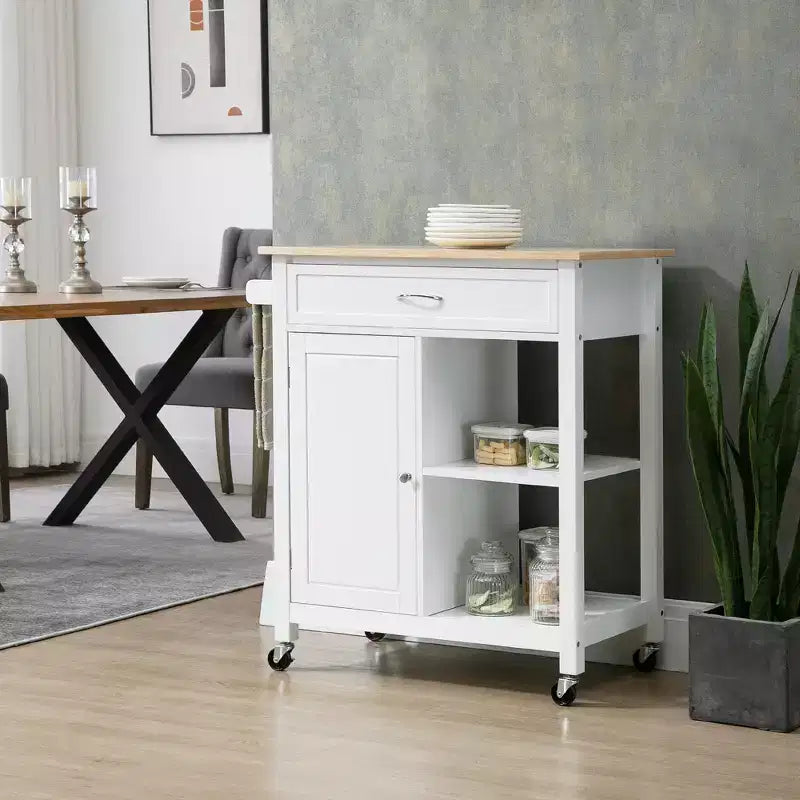 Desserte de cuisine roulante avec plateau en hévéa — Tiroir de rangement, 2 étagères, capacité de 80 kg